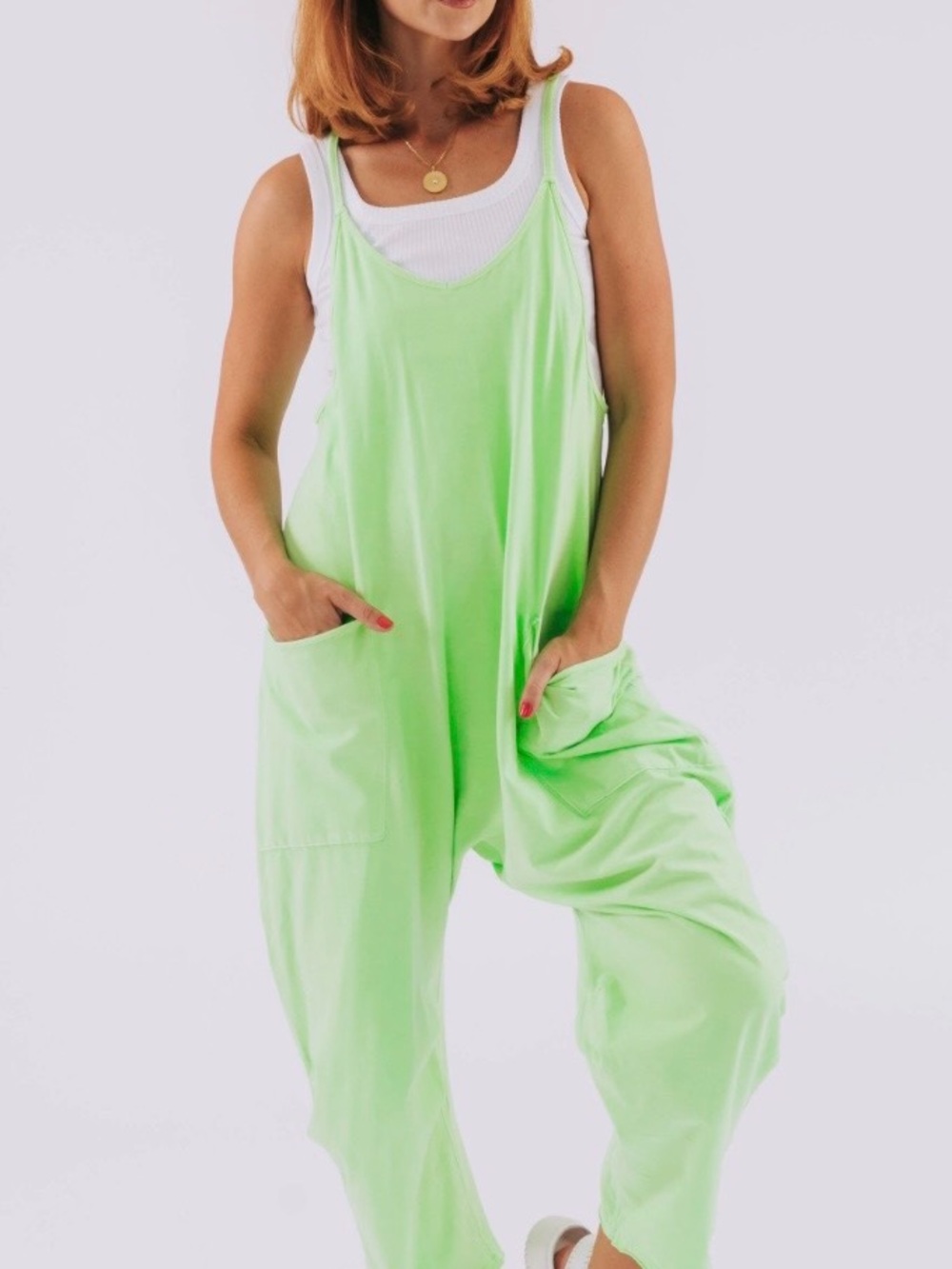 Free People Neon Green Relaxed Scoop-Neck Jumpsuit